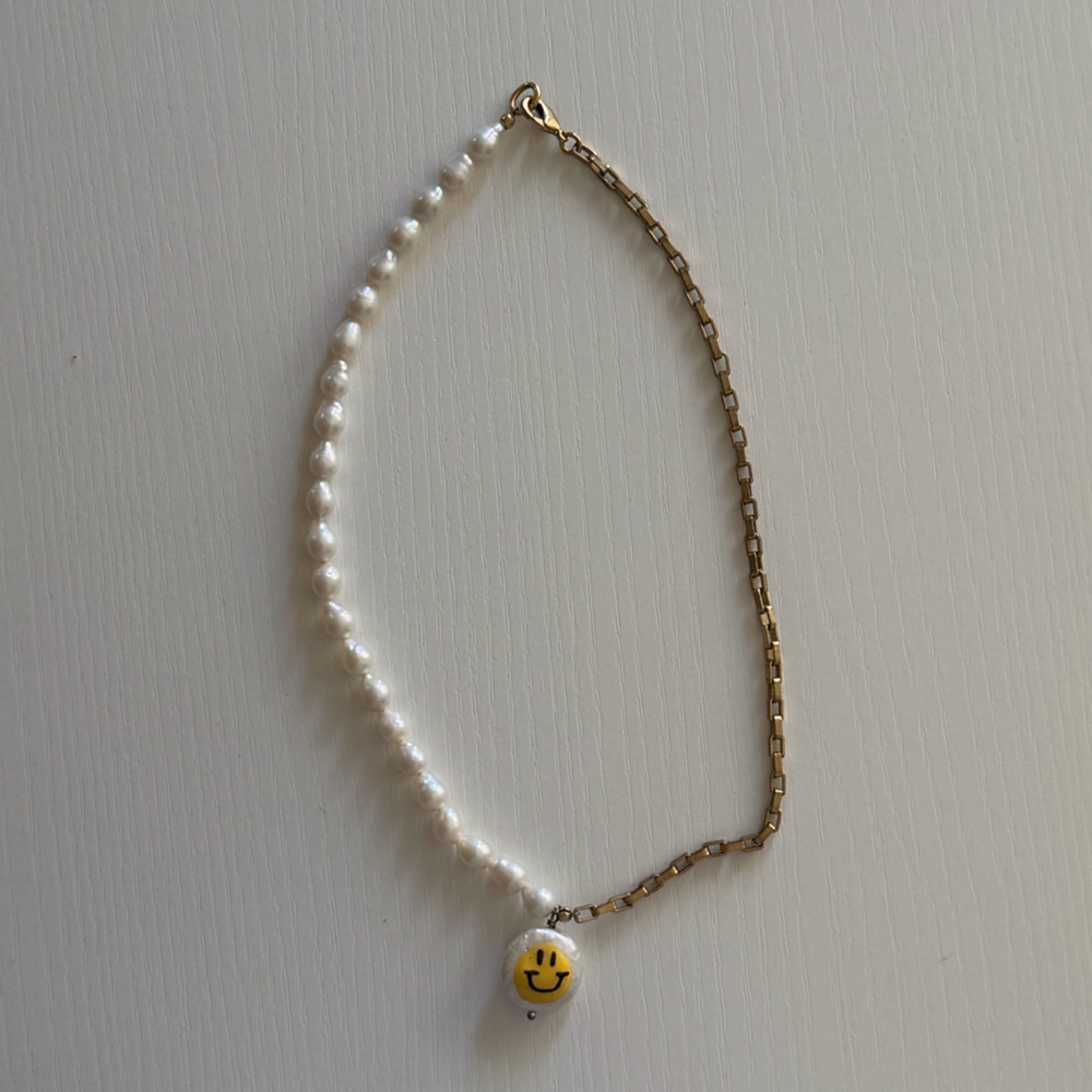Martha Calvo Smiley Face Pearl and Gold Chain Bracelet